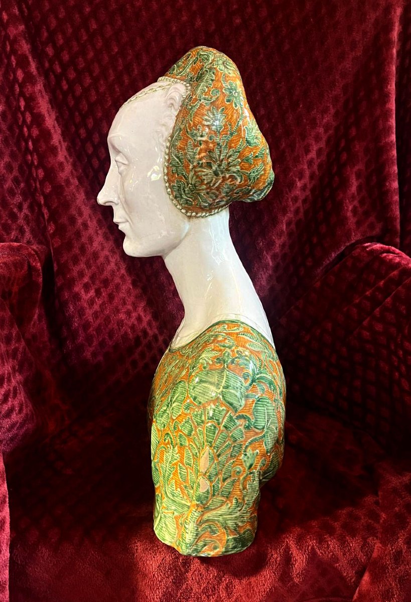 Important Buste Italien Cantagalli En Faïence De Florence, Dame Renaissance, XIXe-photo-8