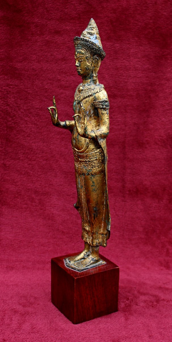 Grand Bouddha Khmer Ancien En Bronze Doré, Mudrâ Vitarka, Style Angkor Vat, Cambodge Thaïlande-photo-3