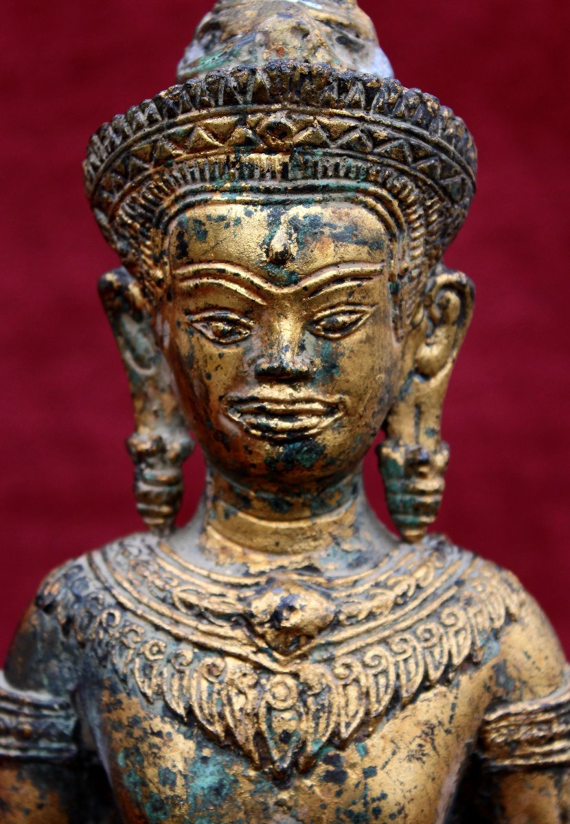 Grand Bouddha Khmer Ancien En Bronze Doré, Mudrâ Vitarka, Style Angkor Vat, Cambodge Thaïlande-photo-2