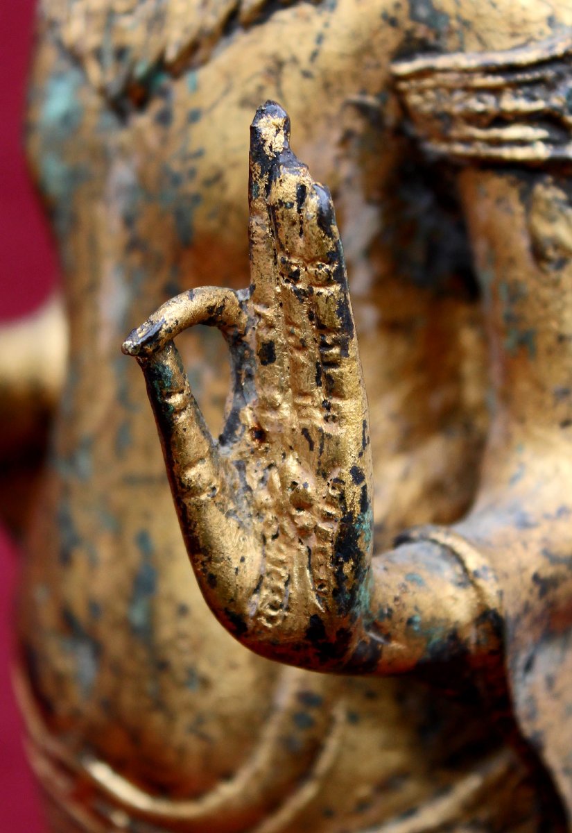 Grand Bouddha Khmer Ancien En Bronze Doré, Mudrâ Vitarka, Style Angkor Vat, Cambodge Thaïlande-photo-3