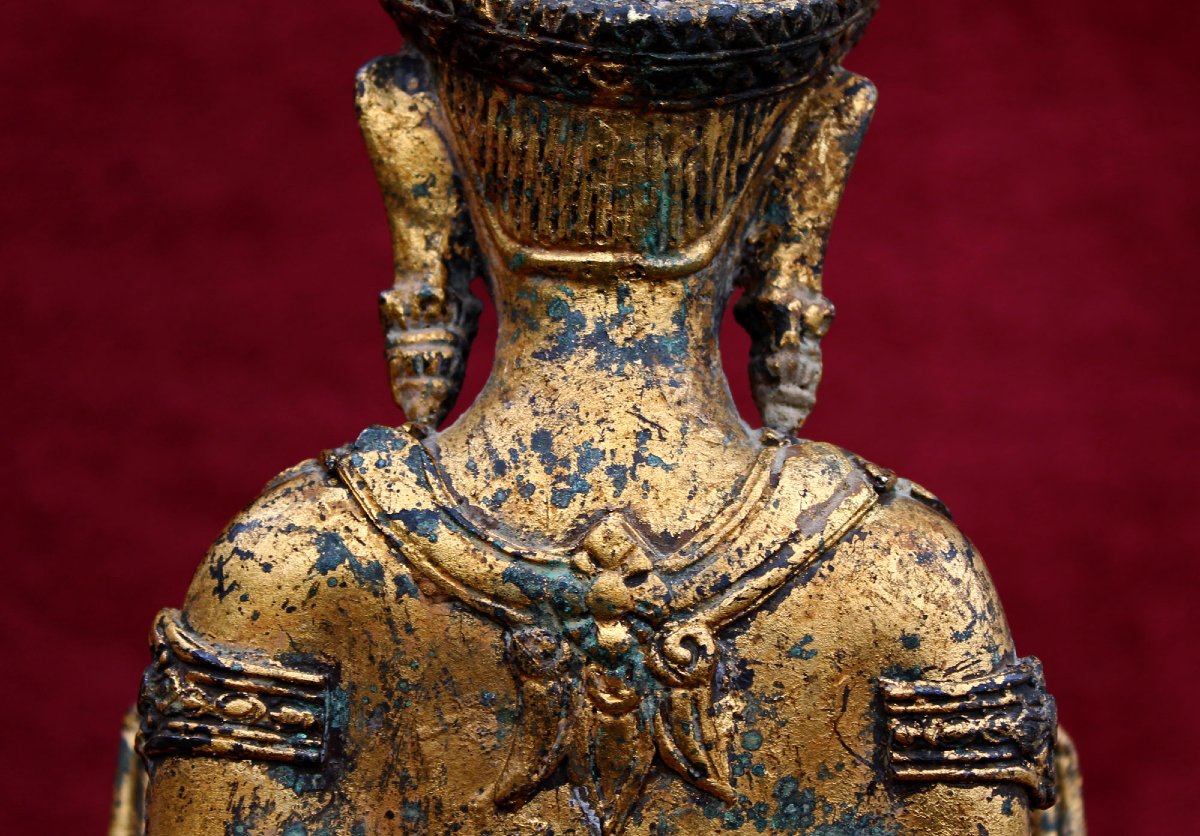 Grand Bouddha Khmer Ancien En Bronze Doré, Mudrâ Vitarka, Style Angkor Vat, Cambodge Thaïlande-photo-4