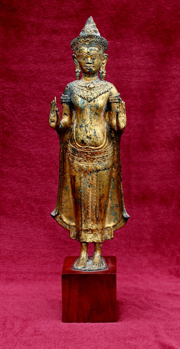 Grand Bouddha Khmer Ancien En Bronze Doré, Mudrâ Vitarka, Style Angkor Vat, Cambodge Thaïlande