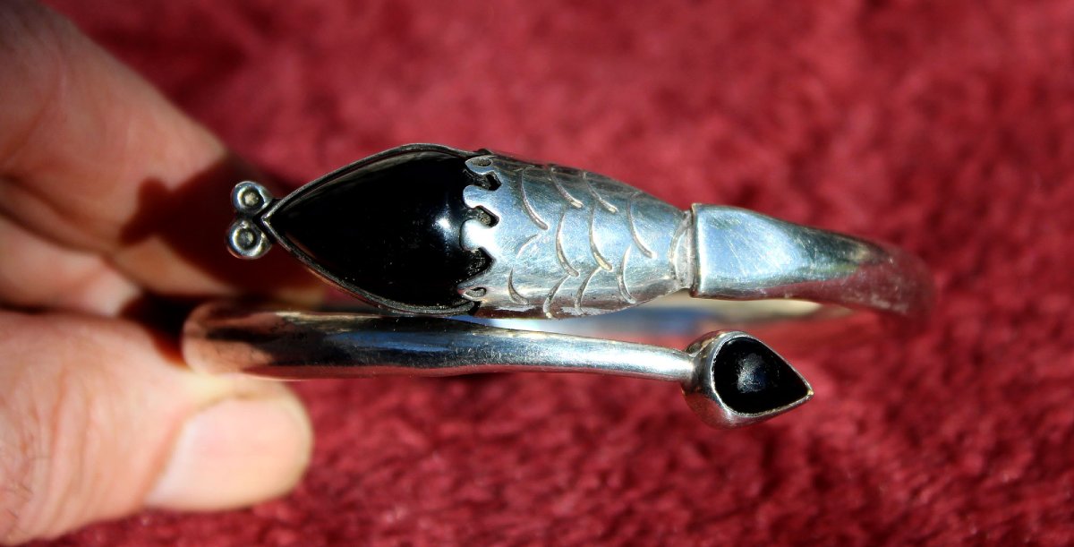 Vintage Tane Mexico Sterling Silver & Black Onyx Snake Bracelet, Acapulco 1997-photo-2