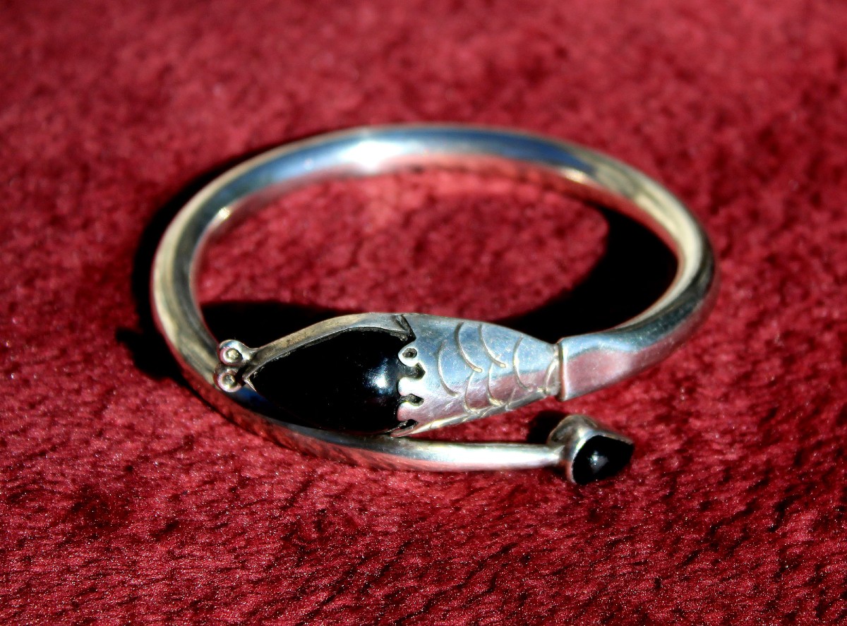 Vintage Tane Mexico Sterling Silver & Black Onyx Snake Bracelet, Acapulco 1997