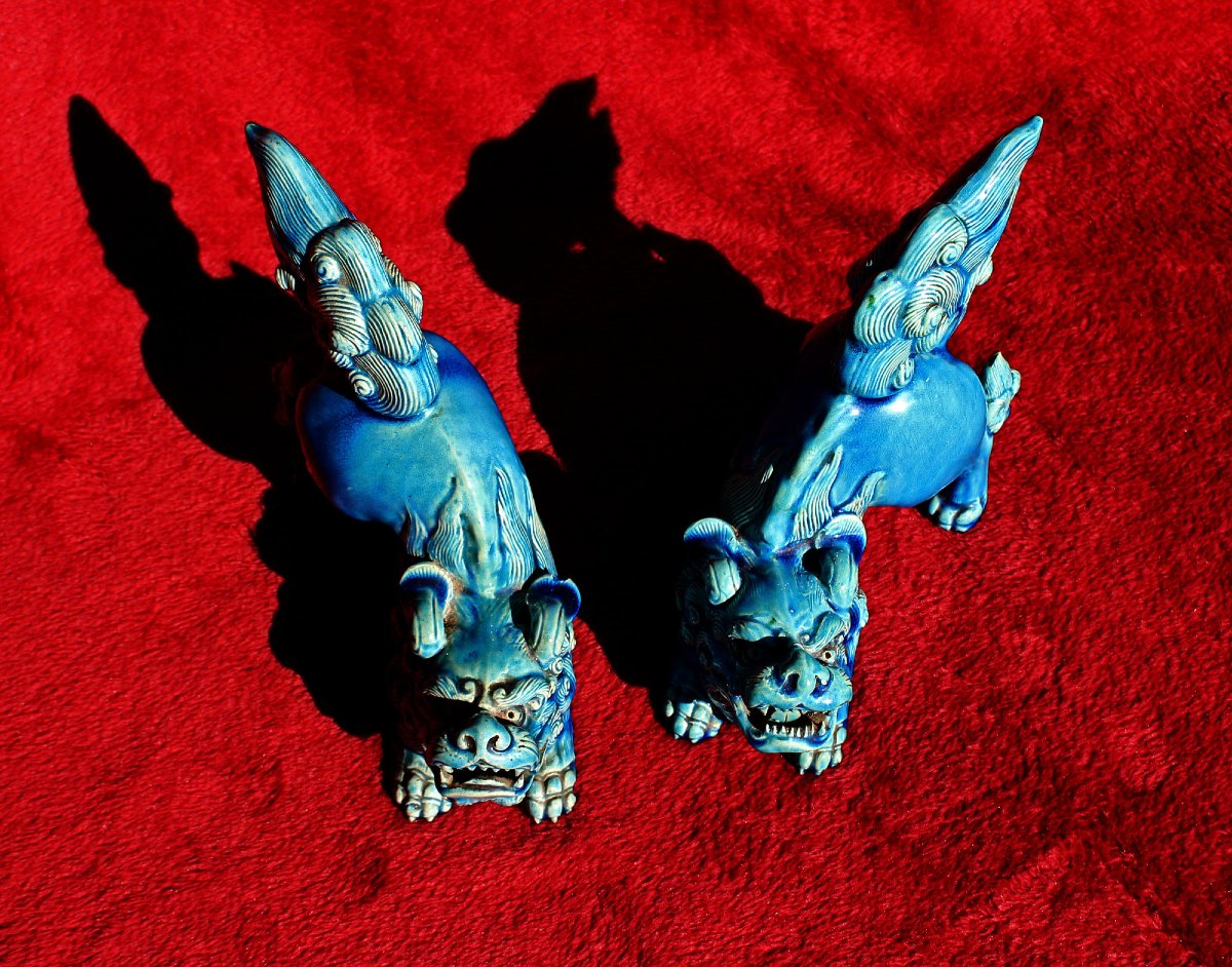 Paire De Lions Karashishi Japonais Anciens Émail Turquoise Meiji, XIXe-photo-2