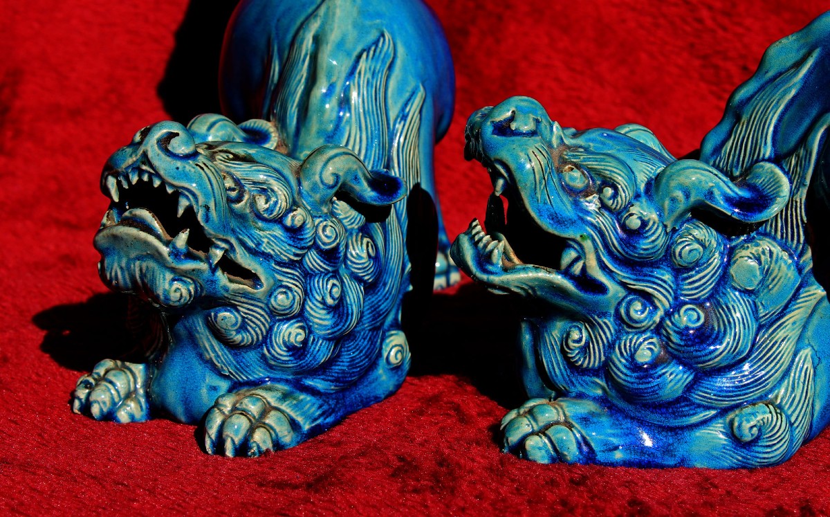 Paire De Lions Karashishi Japonais Anciens Émail Turquoise Meiji, XIXe-photo-3