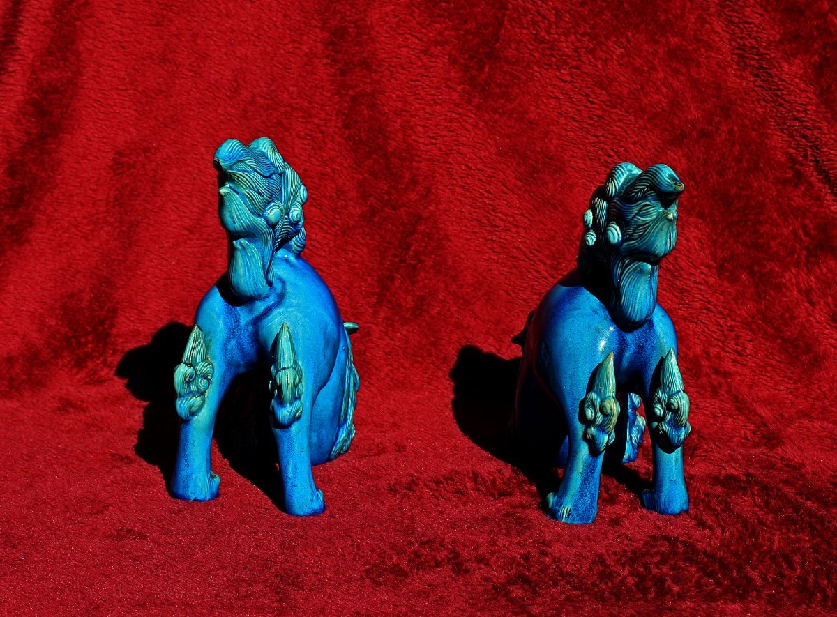 Paire De Lions Karashishi Japonais Anciens Émail Turquoise Meiji, XIXe-photo-1