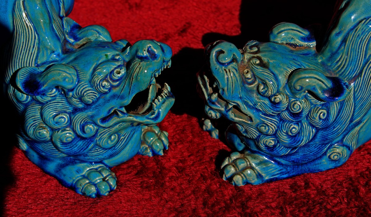 Paire De Lions Karashishi Japonais Anciens Émail Turquoise Meiji, XIXe-photo-3
