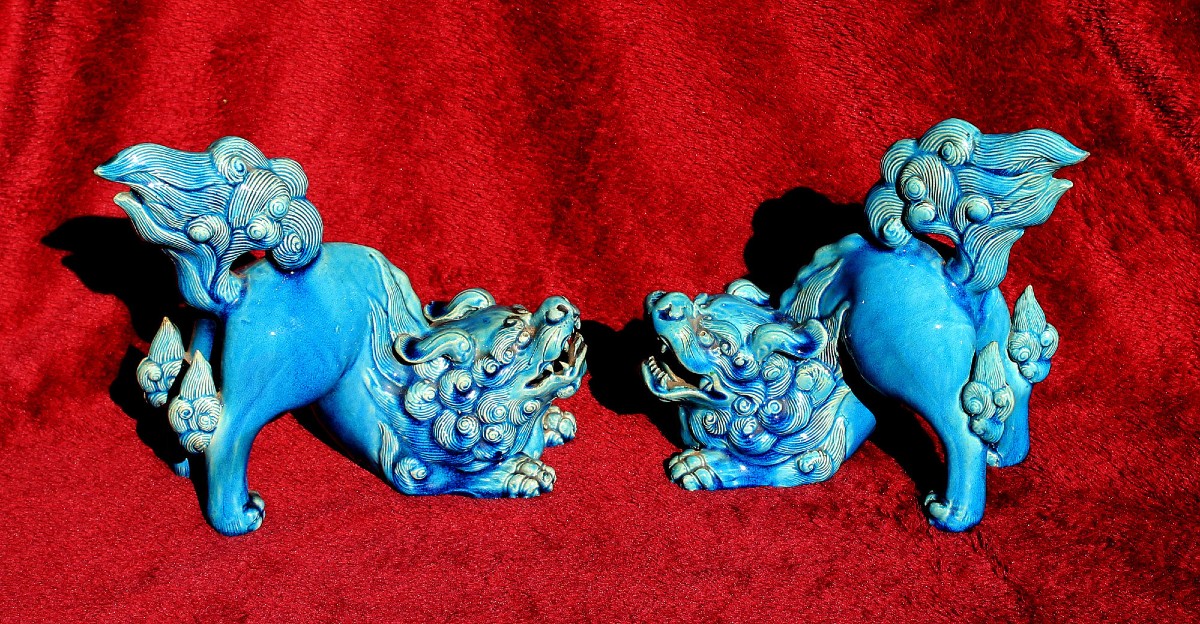 Paire De Lions Karashishi Japonais Anciens Émail Turquoise Meiji, XIXe
