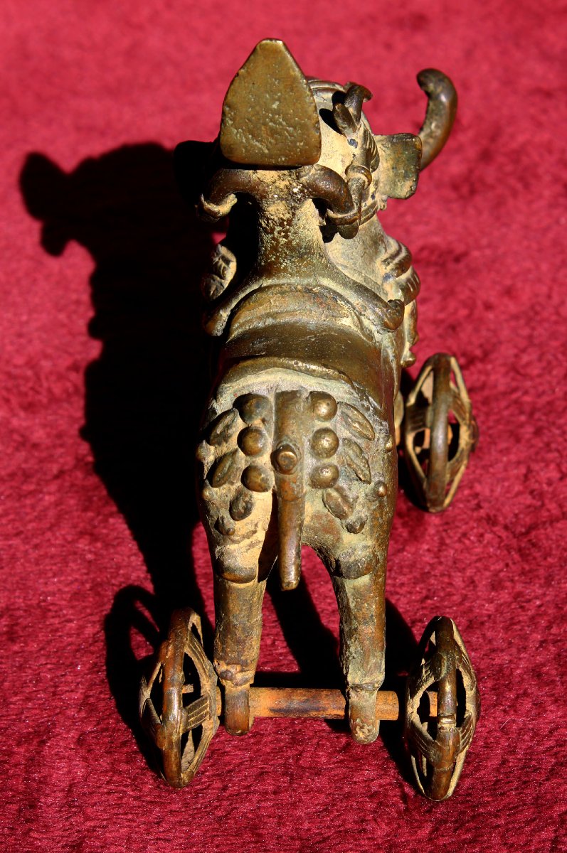 Jouet de Temple Indien Ancien Éléphant Avec Cornac Et Aiguillon Sur Roues, XIXe Siècle-photo-4