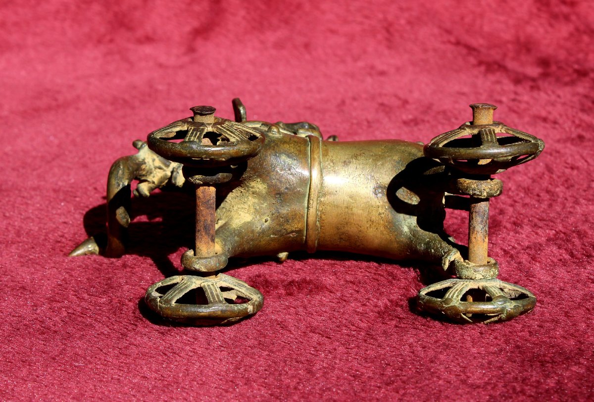 Jouet de Temple Indien Ancien Éléphant Avec Cornac Et Aiguillon Sur Roues, XIXe Siècle-photo-2