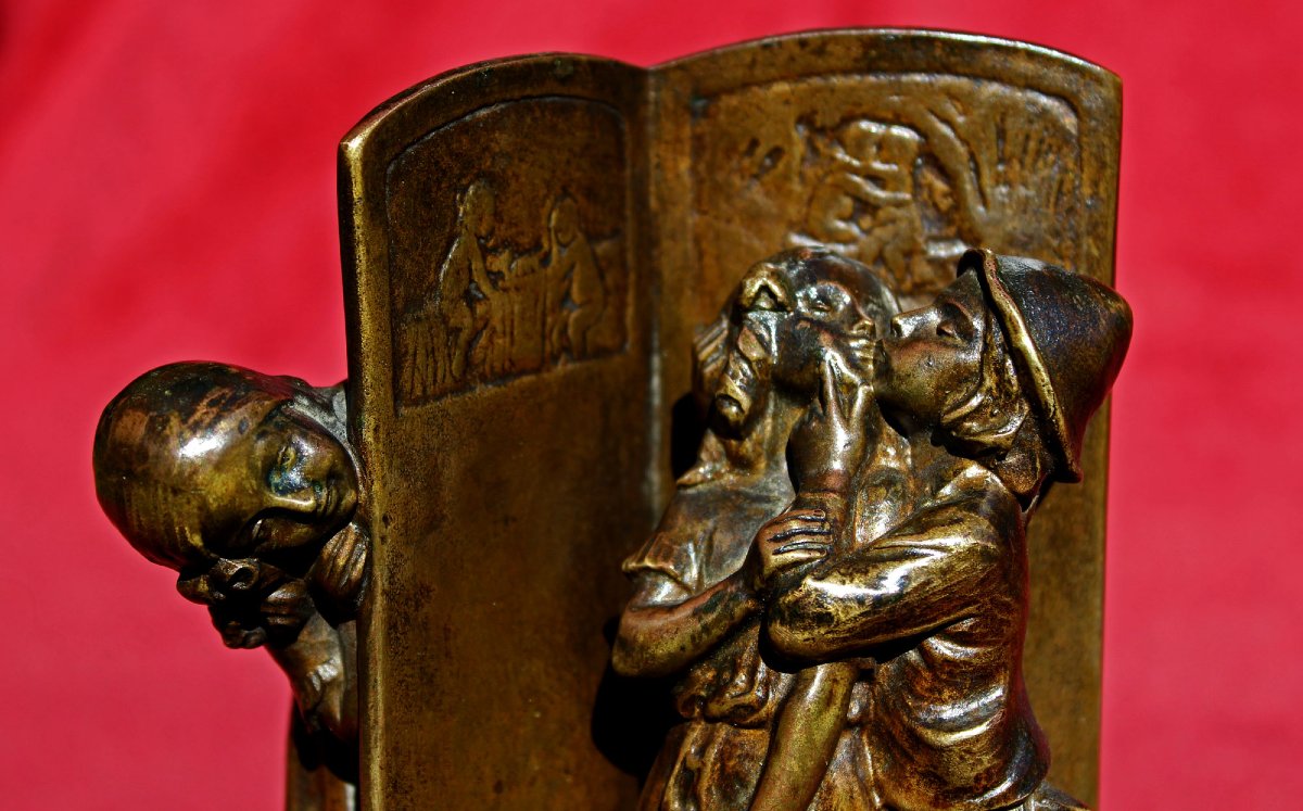 Antique Vienna Bronze Romantic Risqué Lovers & Voyeur By Tereszczuk C1900-photo-2