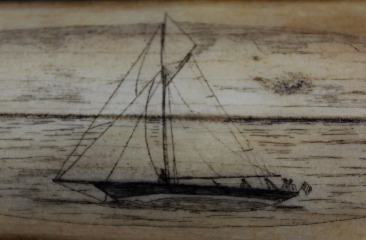 Rostre d’Espadon Ancien Gravé Scrimshaw Voilier Yacht, Monogrammé SC, Vers 1900-photo-4