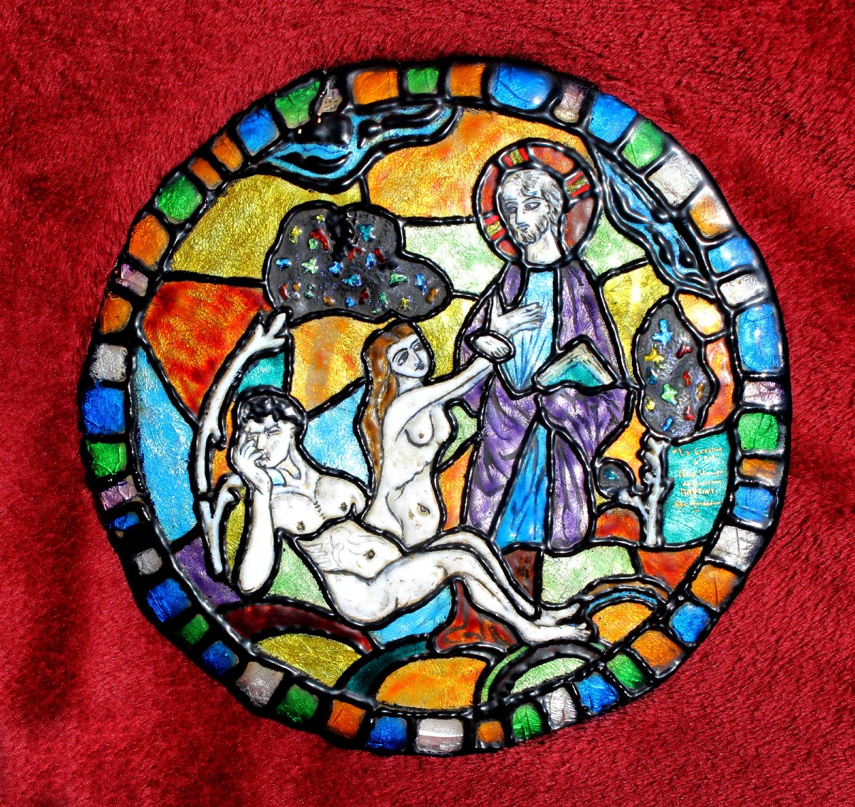 Plaque Émaillée de Limoges Milieu XXe La Création d’Ève, Vitrail de Chartres Lucienne Martin