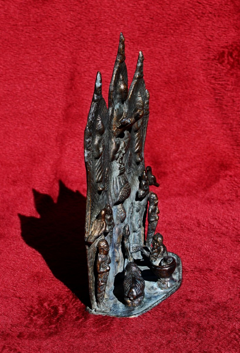 Panneau Votif Bouddhique Thaïlandais Ancien En Bronze Scène De Mérite, XIXe Siècle-photo-2