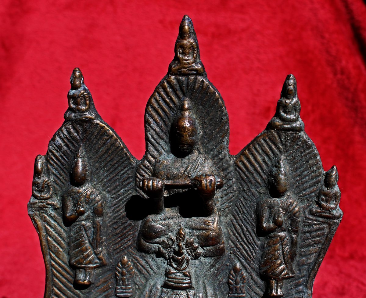 Panneau Votif Bouddhique Thaïlandais Ancien En Bronze Scène De Mérite, XIXe Siècle-photo-1