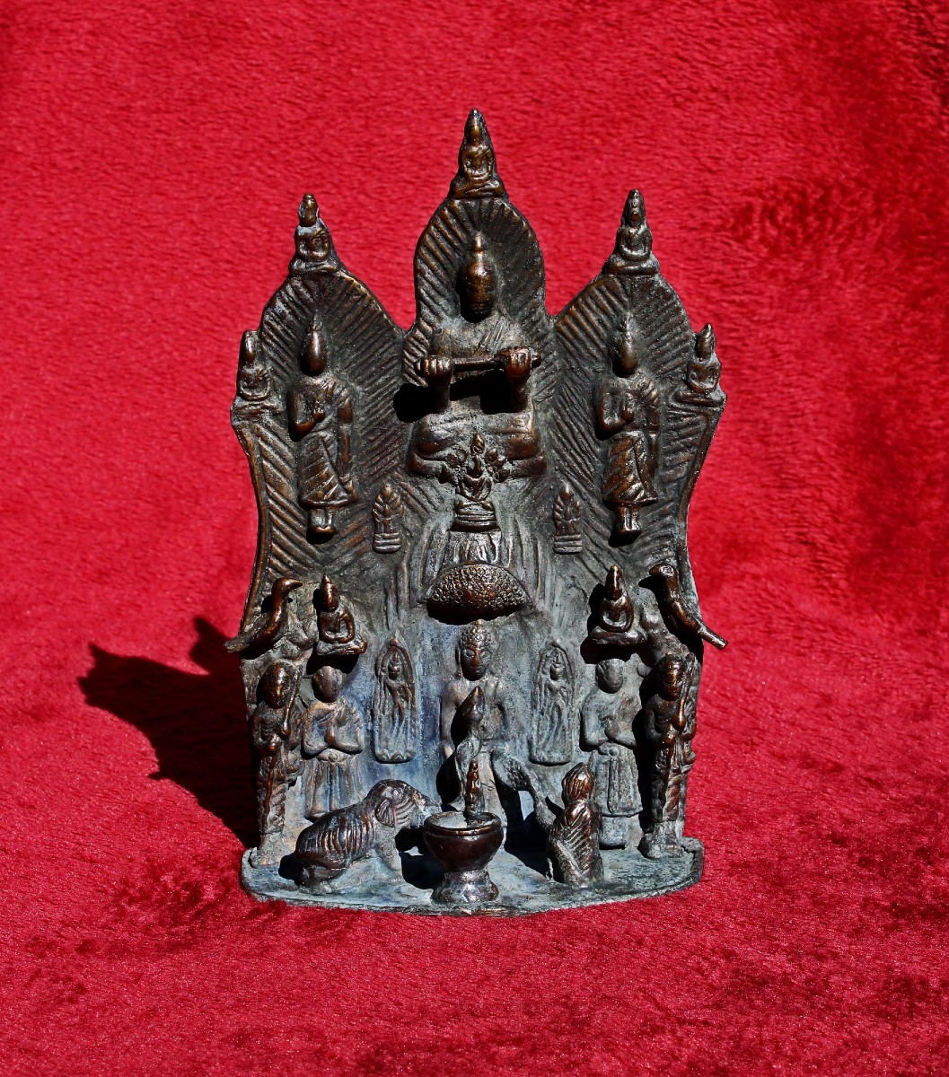 Panneau Votif Bouddhique Thaïlandais Ancien En Bronze Scène De Mérite, XIXe Siècle