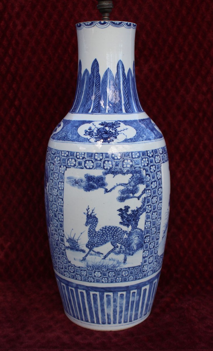 Grand vase décoratif ancien porcelaine chinoise bleue et blanche, lampe  Décoration intérieure-photo-2