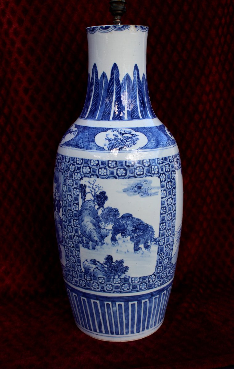 Grand vase décoratif ancien porcelaine chinoise bleue et blanche, lampe  Décoration intérieure-photo-4