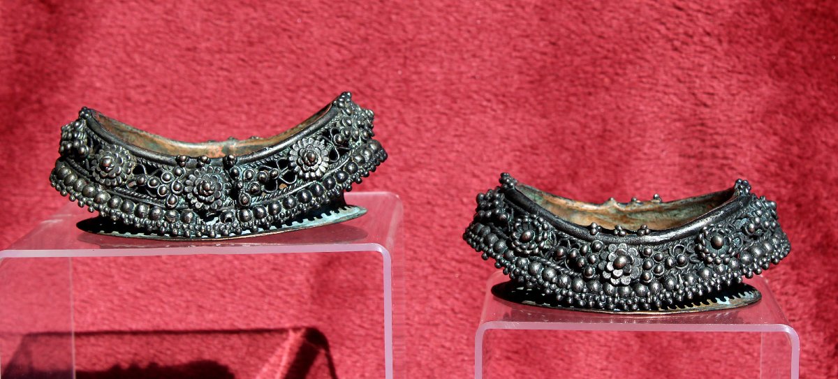 bracelets de cheville Indiens Anciens Argent Massif Transformés Au Népal En Coupes Rituelles,-photo-2