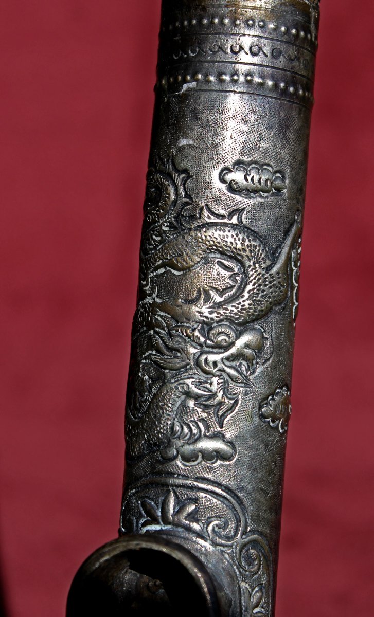 Antique Chinese Silver Opium Pipe With Figural Decoration & Ceramic Bowl, 59 Cm, C19th-photo-4