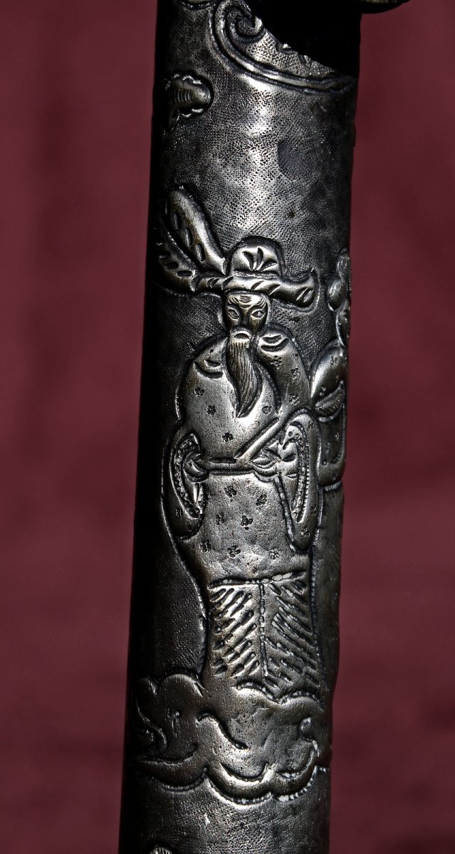 Antique Chinese Silver Opium Pipe With Figural Decoration & Ceramic Bowl, 59 Cm, C19th-photo-1