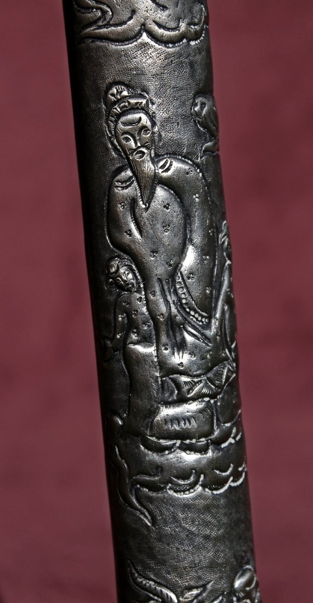 Antique Chinese Silver Opium Pipe With Figural Decoration & Ceramic Bowl, 59 Cm, C19th-photo-2