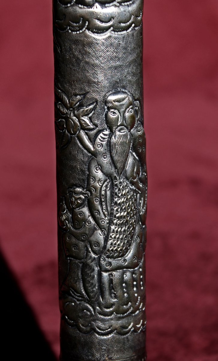 Antique Chinese Silver Opium Pipe With Figural Decoration & Ceramic Bowl, 59 Cm, C19th-photo-3