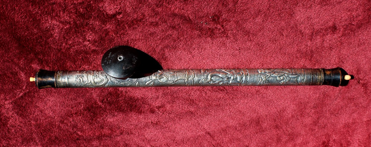 Antique Chinese Silver Opium Pipe With Figural Decoration & Ceramic Bowl, 59 Cm, C19th
