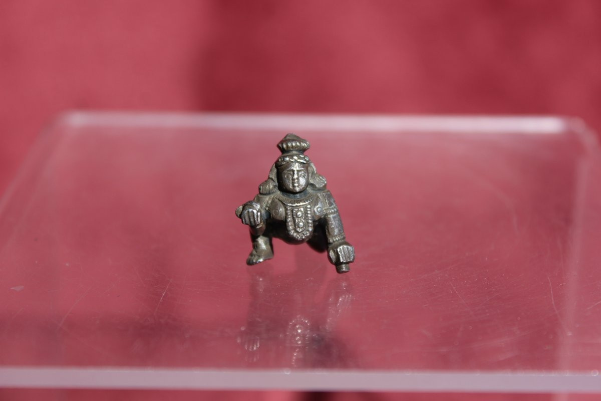 Miniature Dieu Hindou Krishna Enfant (Bal Krishna) Argent Massif, Inde XIXe-photo-1