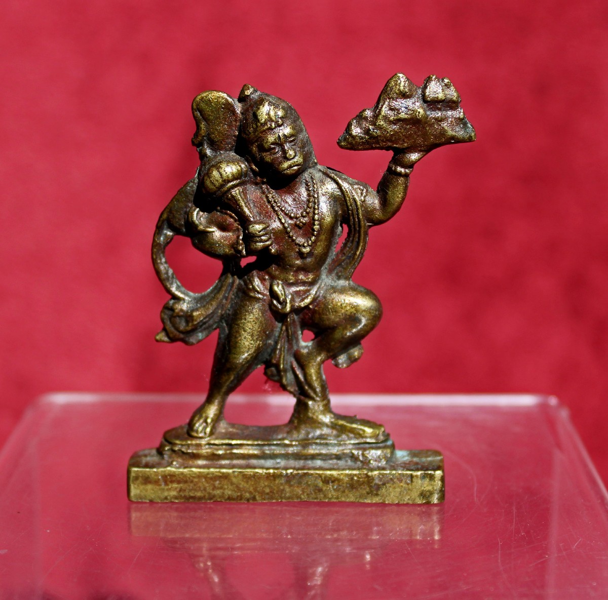 Antique Indian Bronze Hanuman Hindu Monkey God Carrying Mountain, 19th Century