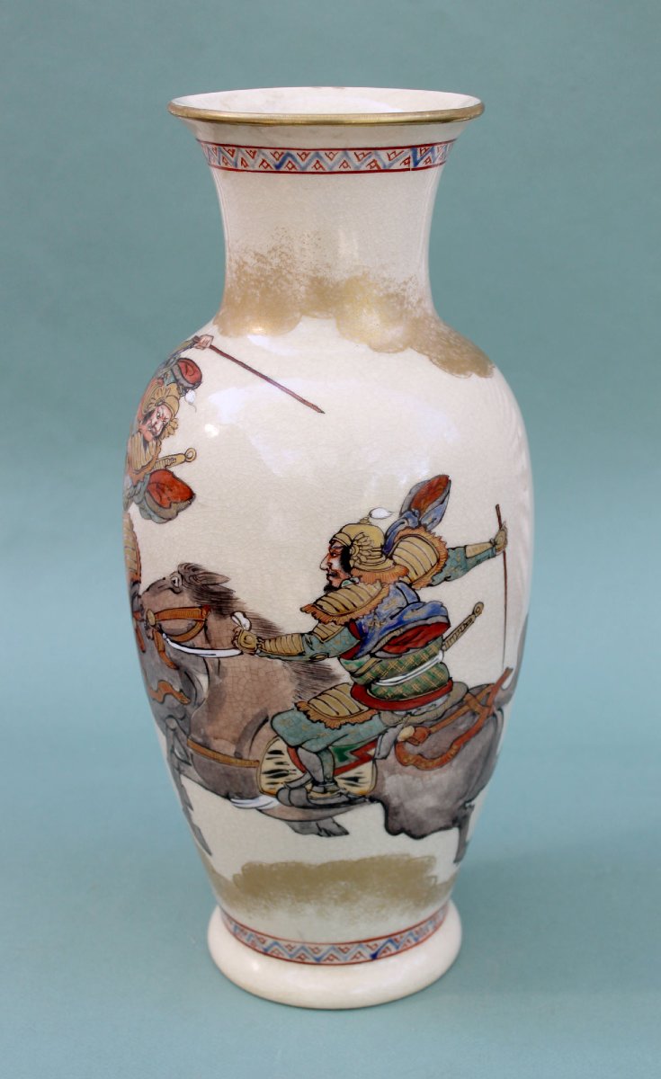 Antique Japanese Satsuma Vase, Samurai On Horseback, Kyoto, Meiji Period-photo-2