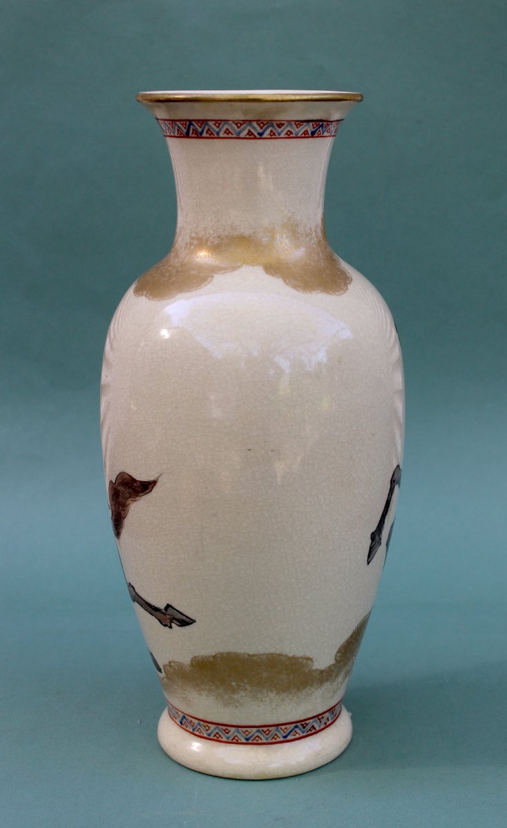 Antique Japanese Satsuma Vase, Samurai On Horseback, Kyoto, Meiji Period-photo-3