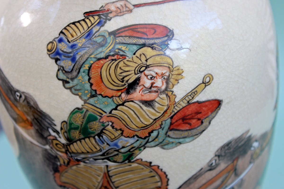 Antique Japanese Satsuma Vase, Samurai On Horseback, Kyoto, Meiji Period-photo-4