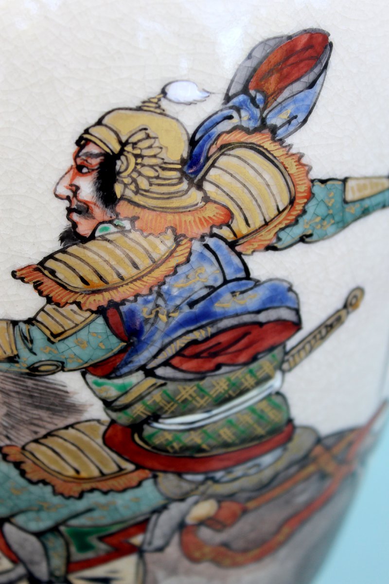 Antique Japanese Satsuma Vase, Samurai On Horseback, Kyoto, Meiji Period-photo-1