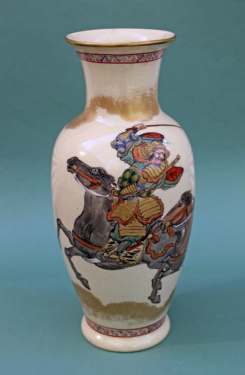 Antique Japanese Satsuma Vase, Samurai On Horseback, Kyoto, Meiji Period