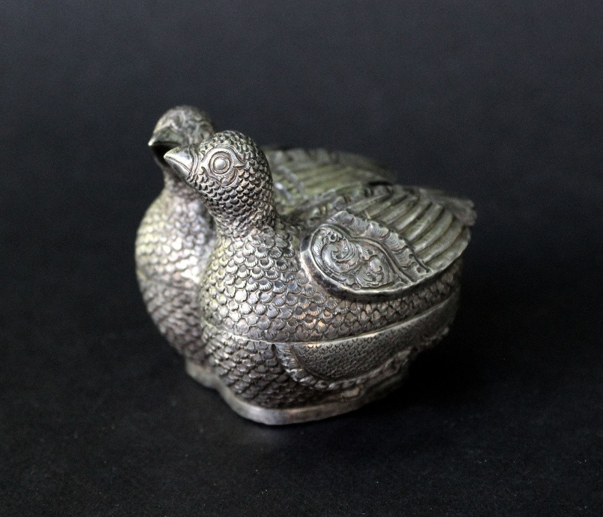 Antique Cambodian Khmer Silver Betel Box Two Birds, Early 20th Century