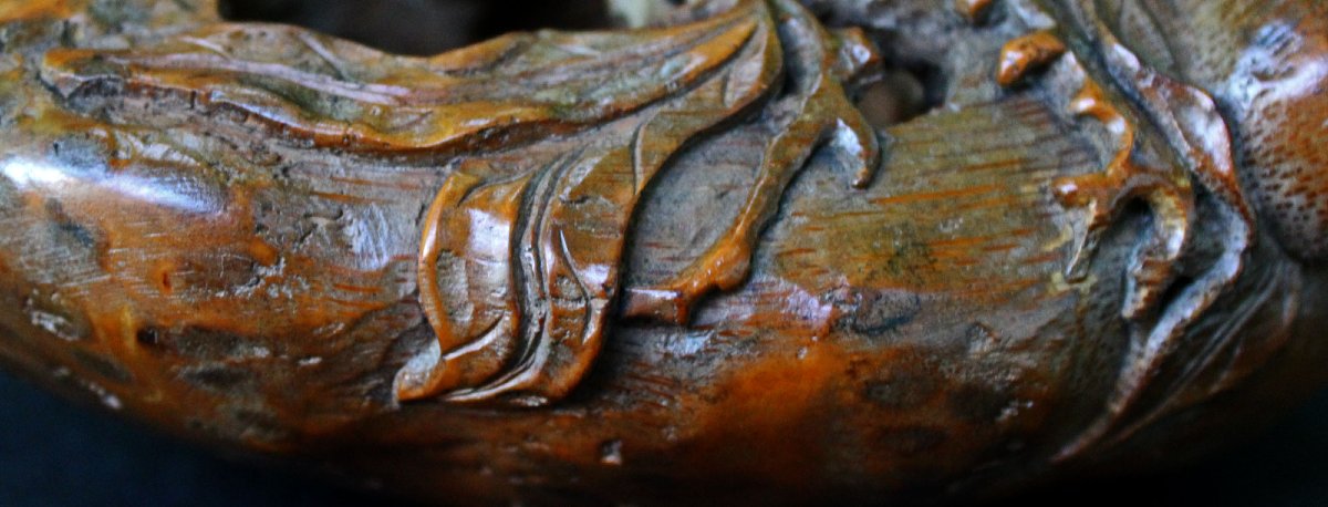 Lave-Pinceaux De Table De Lettré Chinois Ancien En  Bambou, Pêches, Calligraphie Et Peinture -photo-3