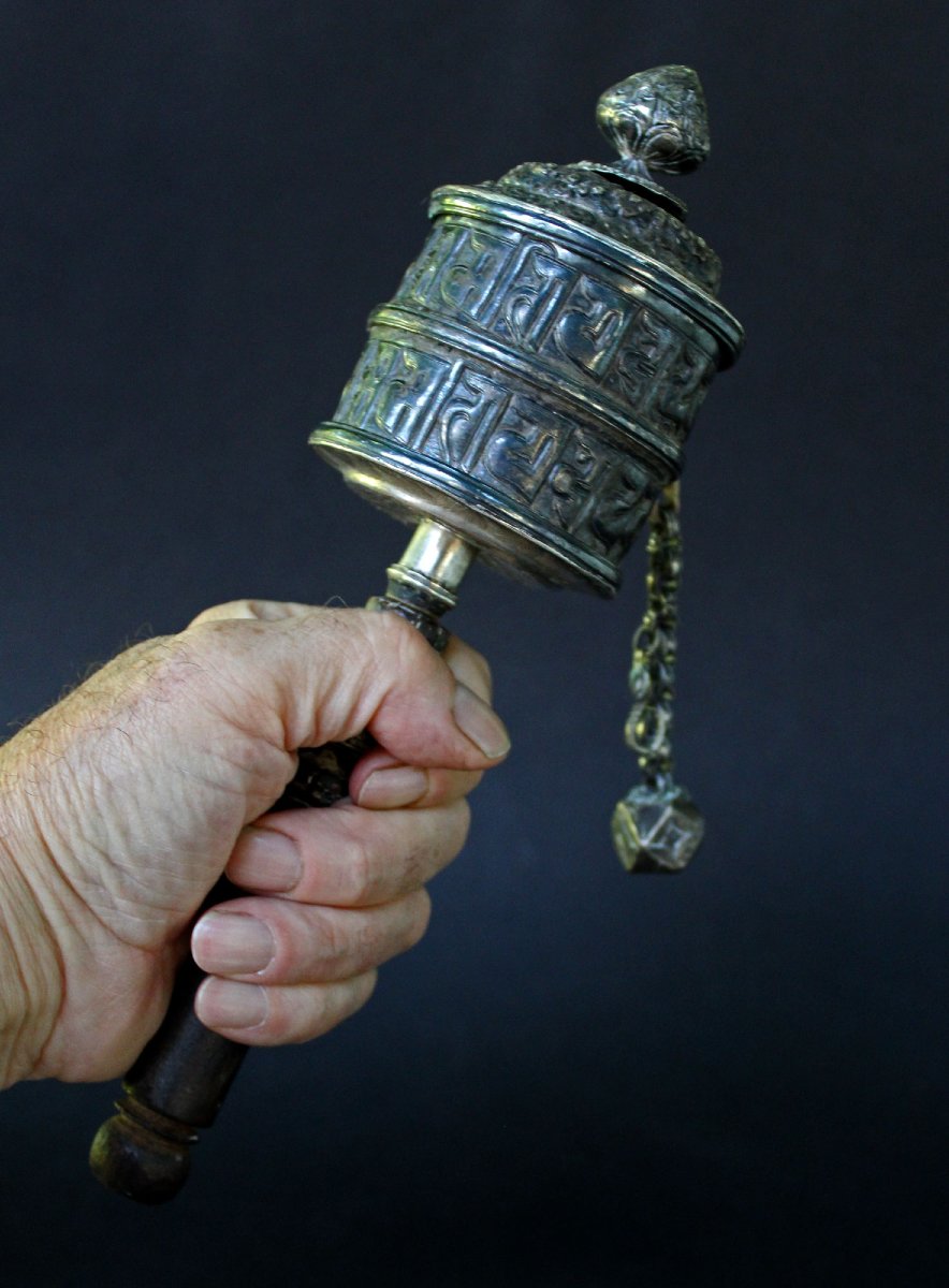 Antique Tibetan Solid Silver Buddhist Prayer Wheel With Original Prayers Sutra-photo-2