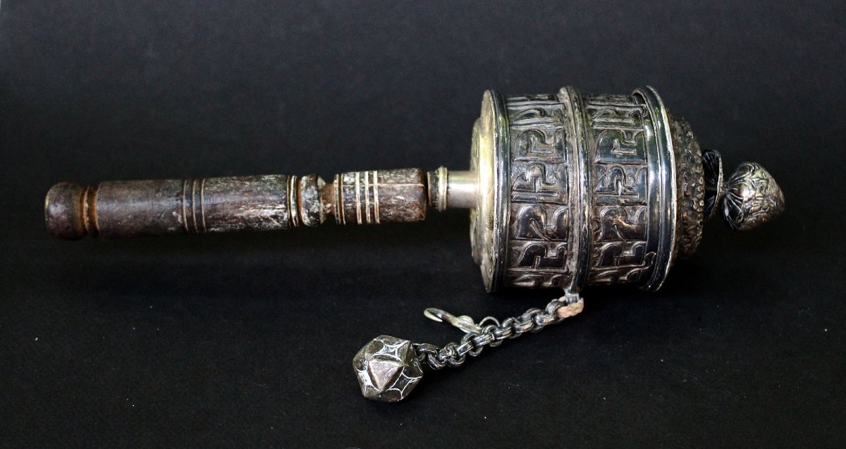 Antique Tibetan Solid Silver Buddhist Prayer Wheel With Original Prayers Sutra-photo-3