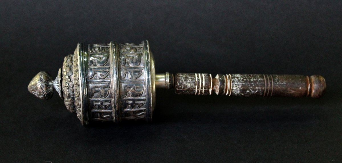 Antique Tibetan Solid Silver Buddhist Prayer Wheel With Original Prayers Sutra-photo-4