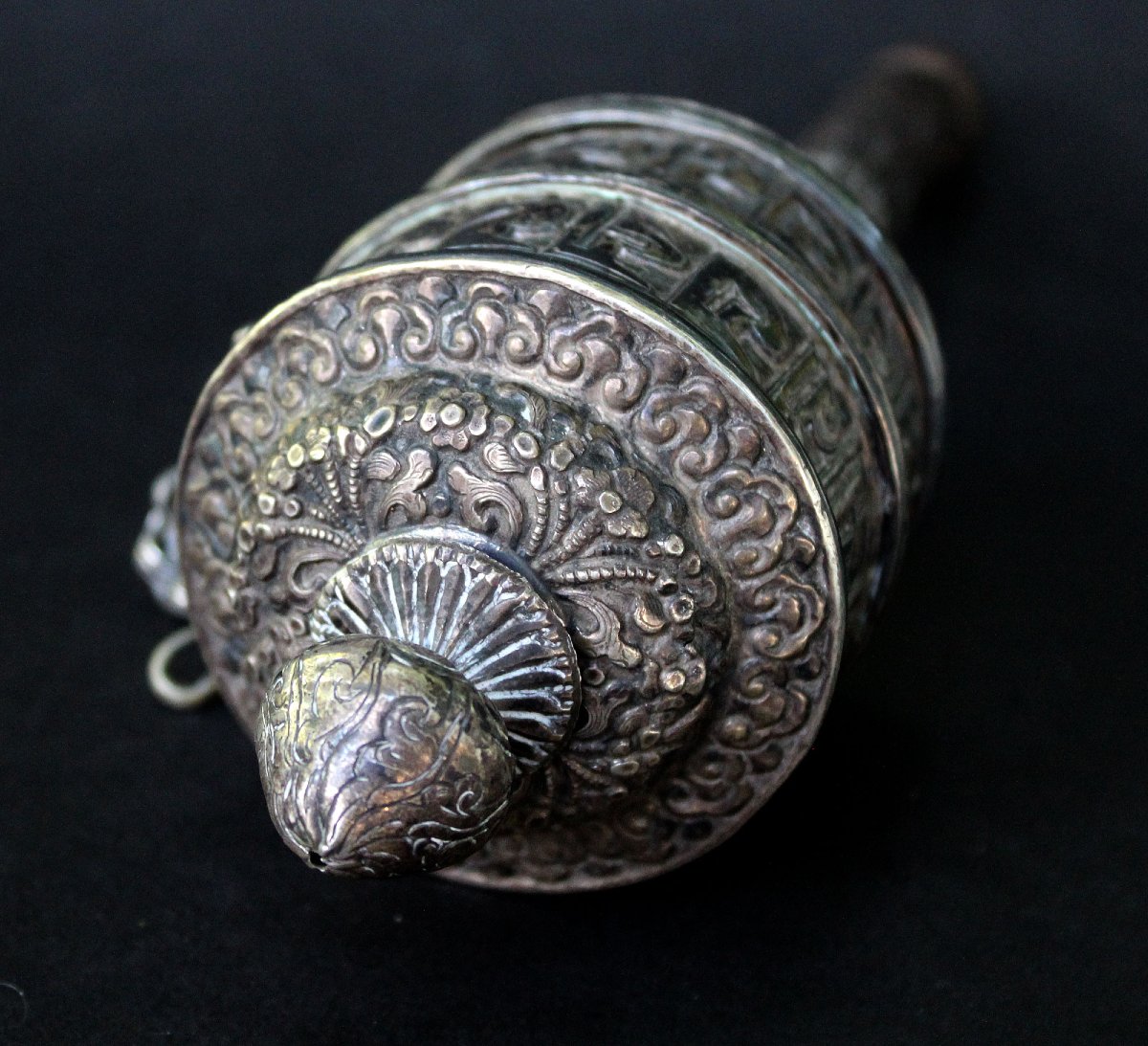 Antique Tibetan Solid Silver Buddhist Prayer Wheel With Original Prayers Sutra-photo-1