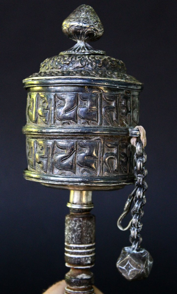 Antique Tibetan Solid Silver Buddhist Prayer Wheel With Original Prayers Sutra-photo-4