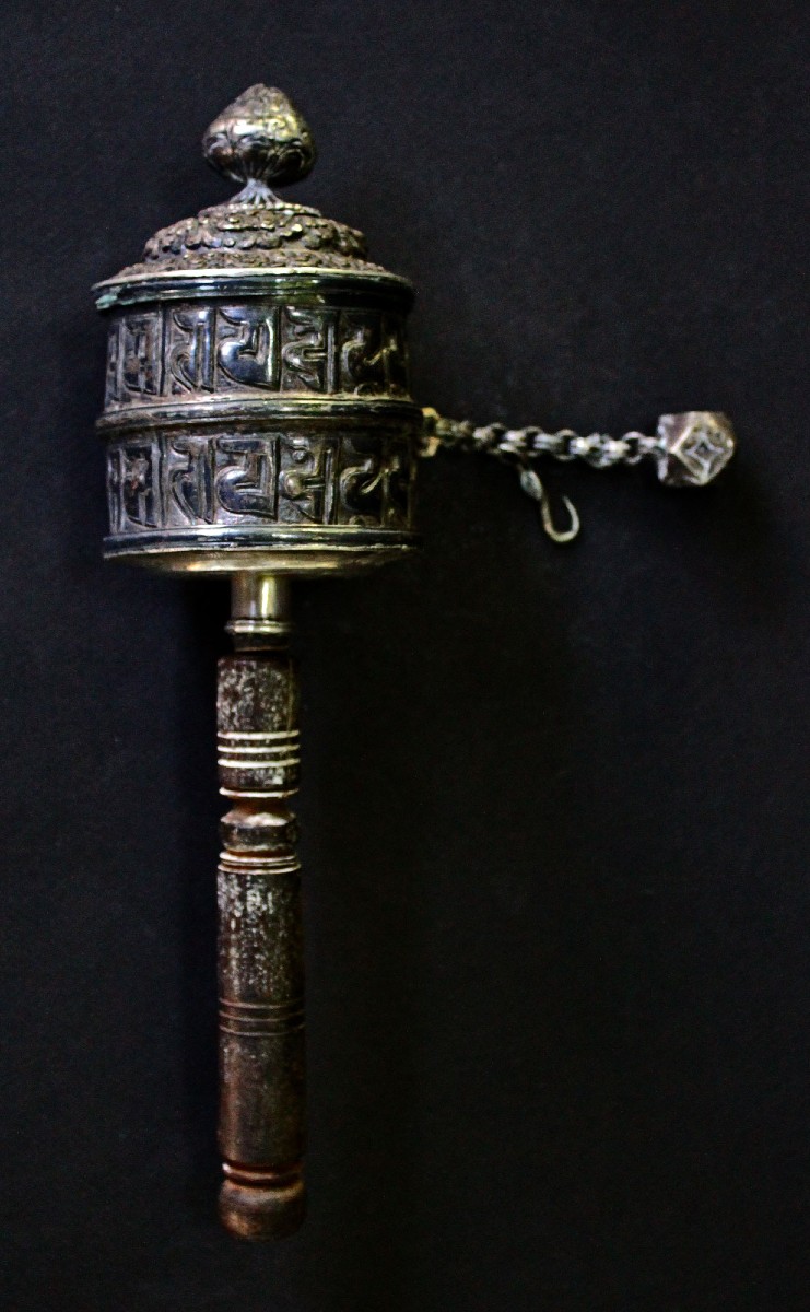 Antique Tibetan Solid Silver Buddhist Prayer Wheel With Original Prayers Sutra