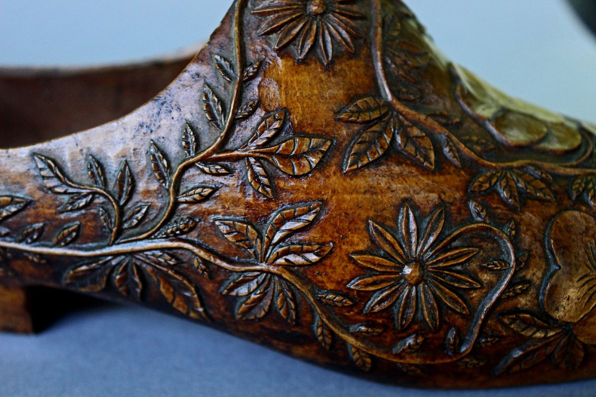Paire De Sabots Anciens Français En Bois Sculpté Art Populaire (Souliers), XIXe Siècle-photo-4
