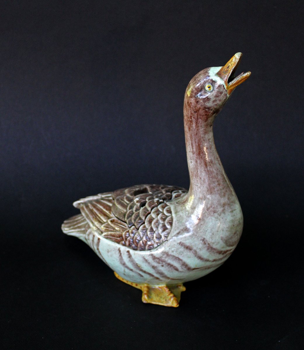 Antique Japanese Ceramic Goose Covered Vessel, Meiji Period, 19th Century