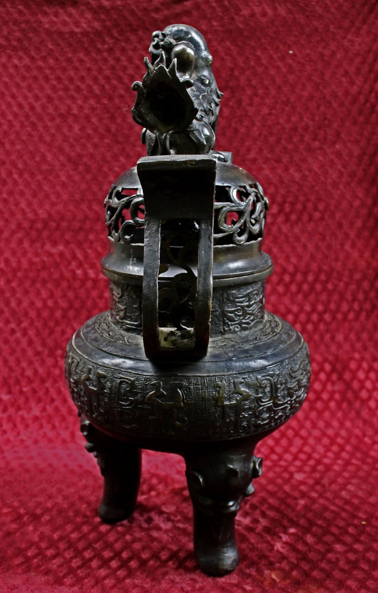 Monumental Brûle-Parfum Ding En Bronze Chinois Ancien, Lion, Ming XVIe, 66 cm-photo-2