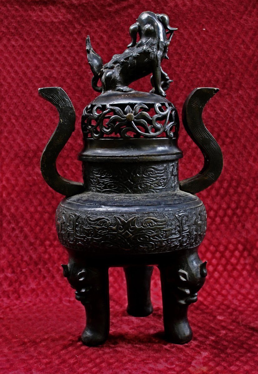 Monumental Brûle-Parfum Ding En Bronze Chinois Ancien, Lion, Ming XVIe, 66 cm-photo-3