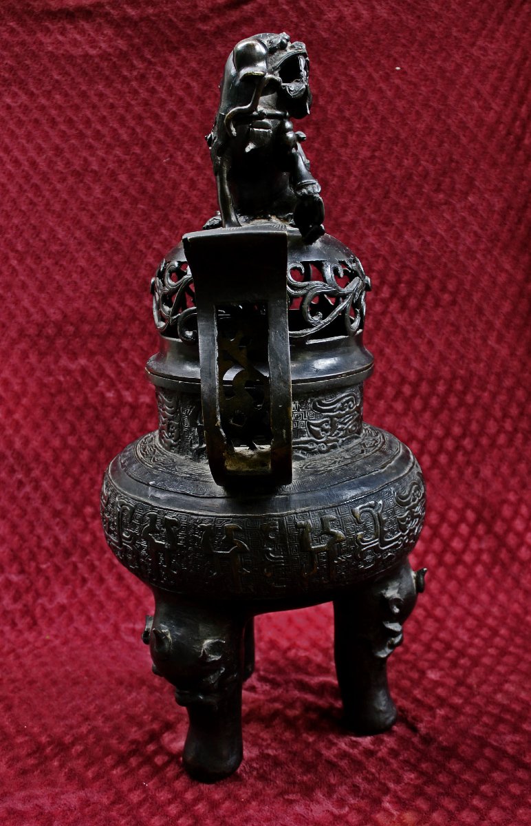 Monumental Brûle-Parfum Ding En Bronze Chinois Ancien, Lion, Ming XVIe, 66 cm-photo-4