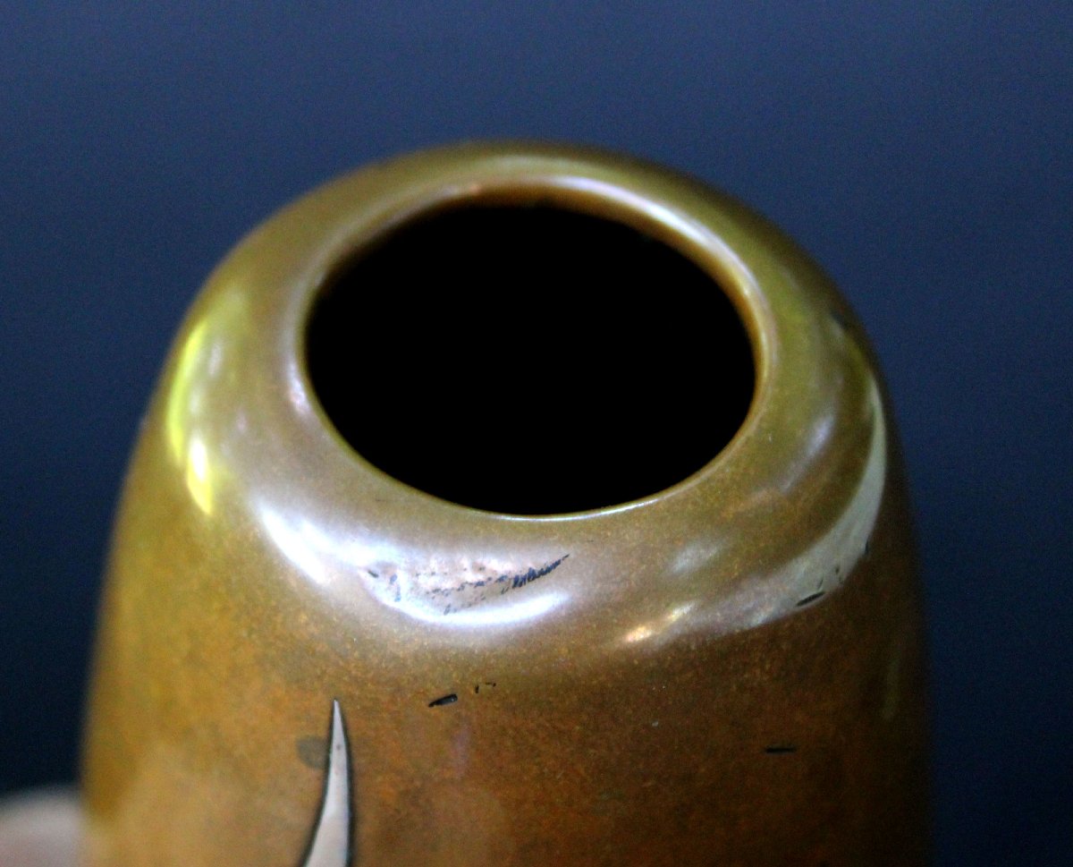 Antique Japanese Nogawa Mixed Metal Bronze Vase With Silver Inlay & Bats, Meiji-taisho Period-photo-3